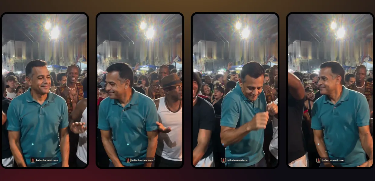 Four frames of the charme step: side step, shoulders and a turn