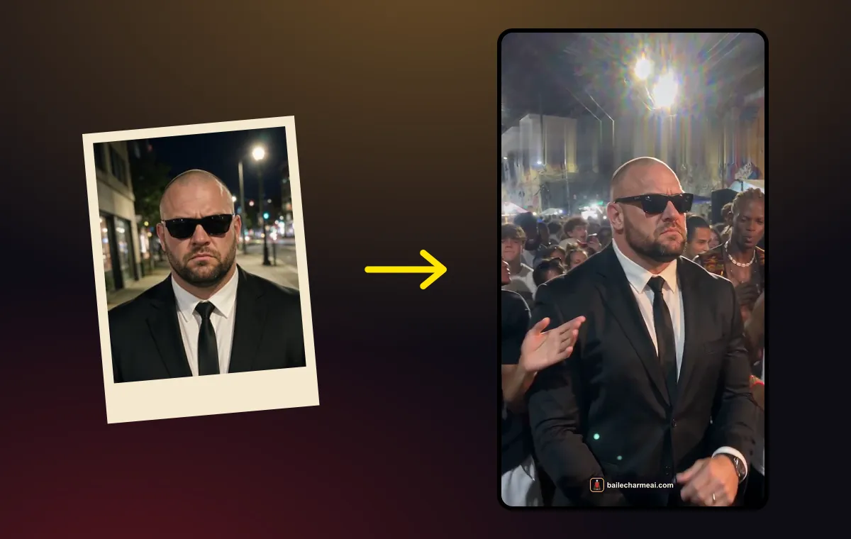 One photo of a bald man in a black suit turned into a baile charme AI video at a Rio night street party