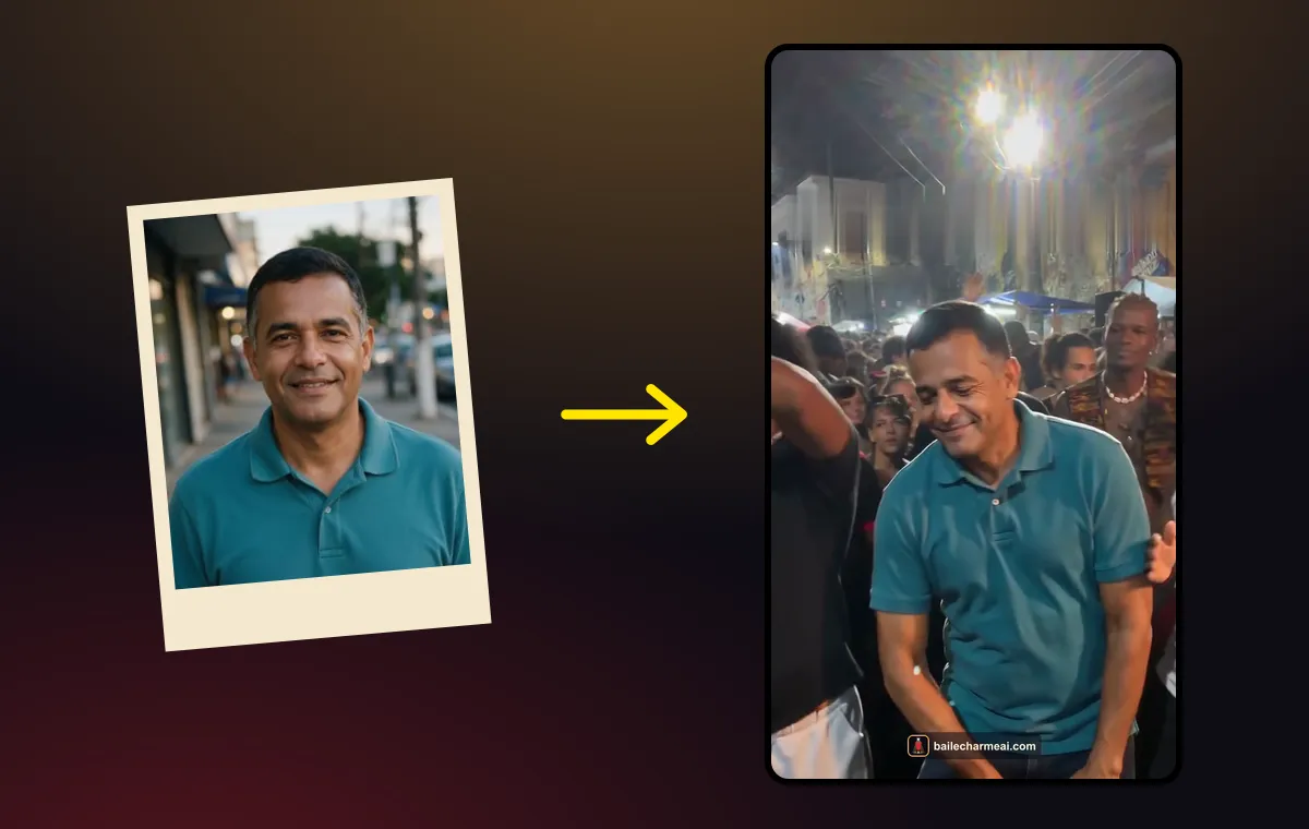 A photo of a man in a teal polo shirt next to the charme dance video made from it