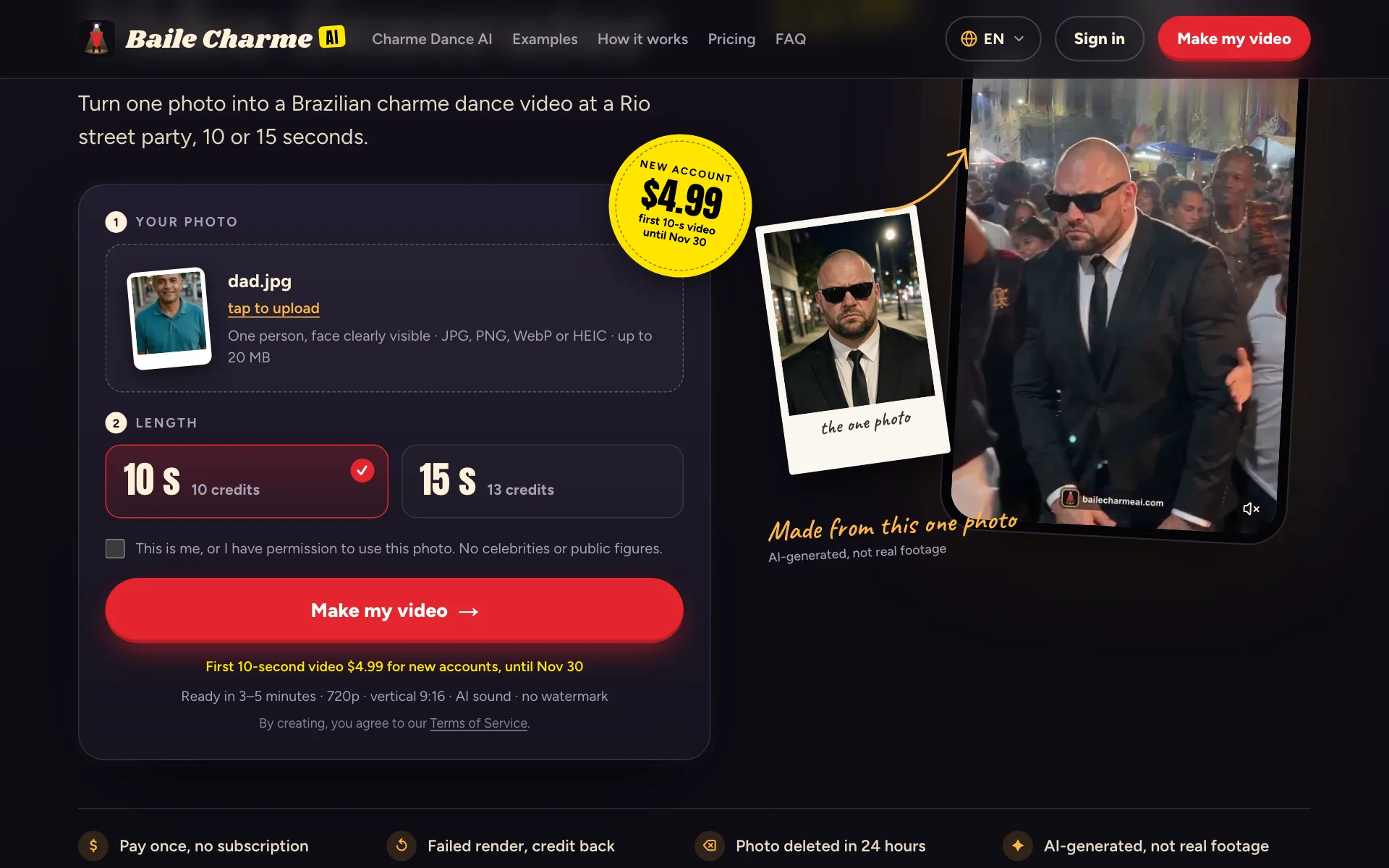 The Baile Charme AI upload form with a photo chosen and the 10- and 15-second options