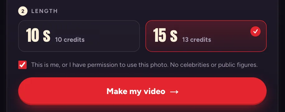 The length options on Baile Charme AI: 10 seconds for 10 credits or 15 seconds for 13 credits