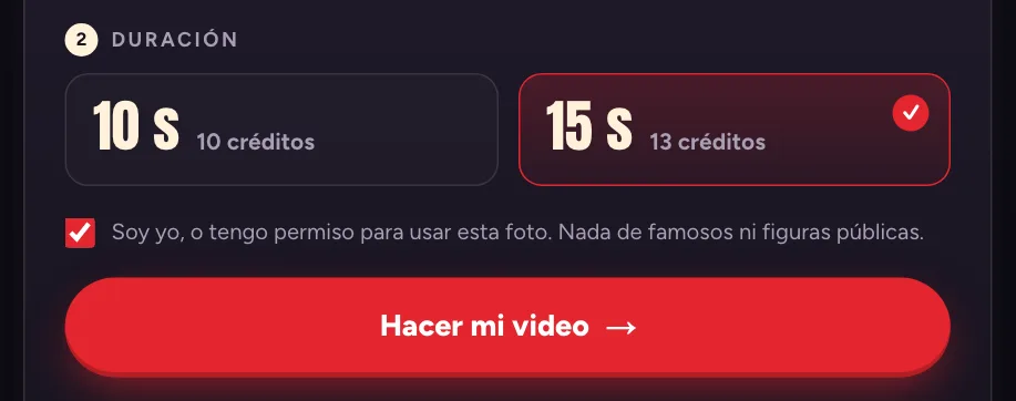 Opciones de duración de Baile Charme AI: 10 segundos por 10 créditos o 15 segundos por 13 créditos