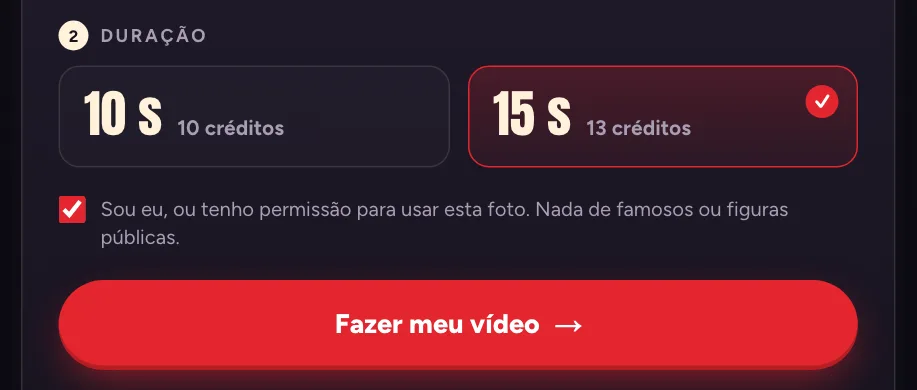 Opções de duração do Baile Charme AI: 10 segundos por 10 créditos ou 15 segundos por 13 créditos