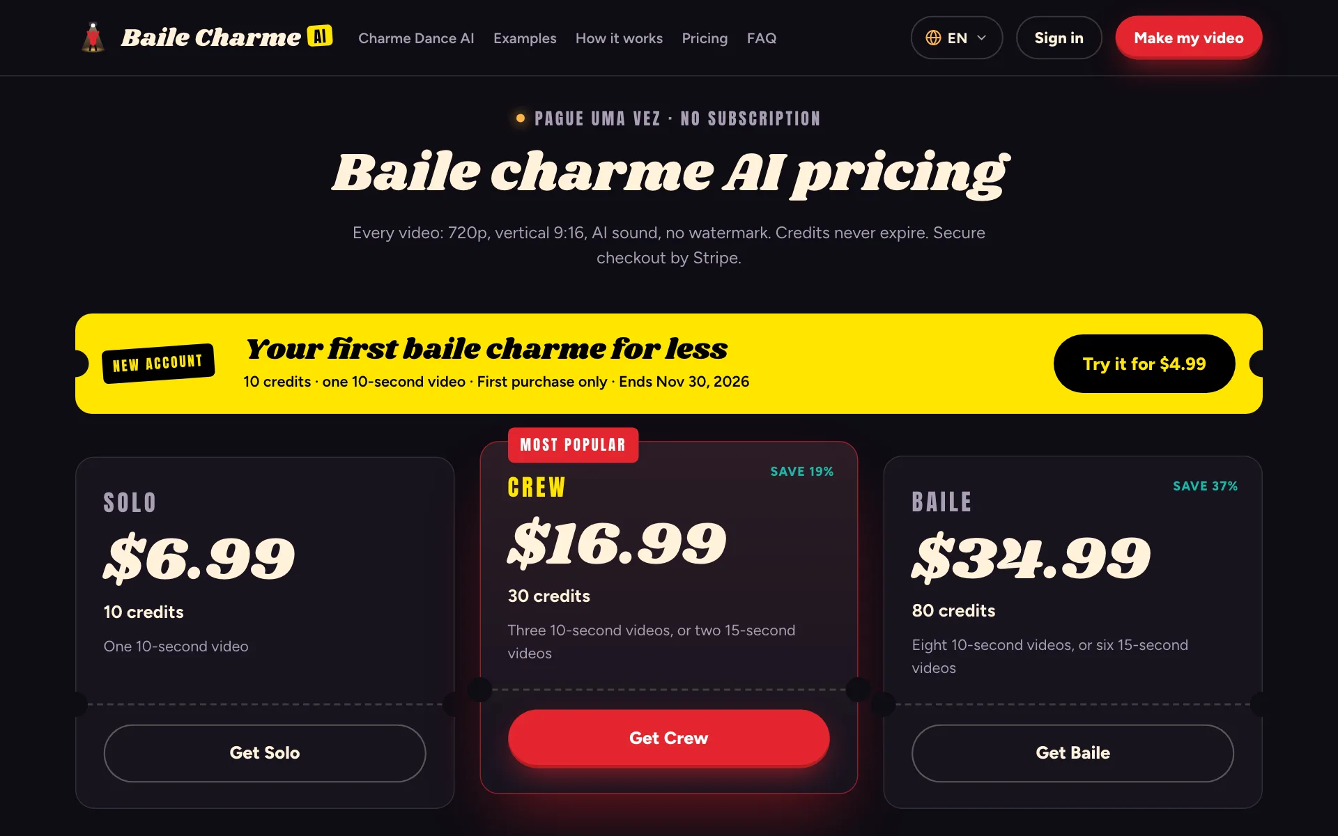 Baile Charme AI price tickets: Solo, Crew and Baile packs and the new-account offer