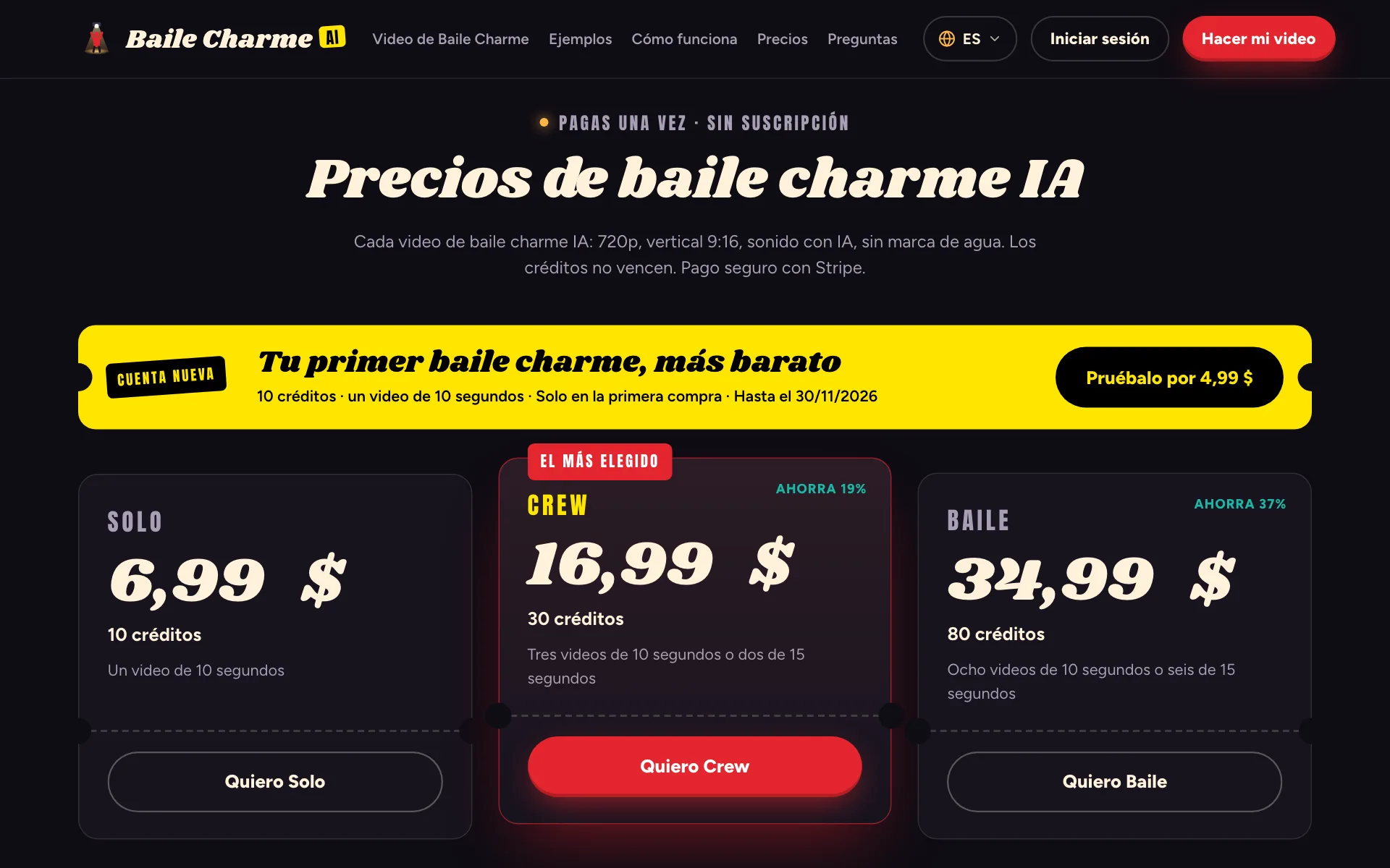 Paquetes de Baile Charme AI: Solo, Crew y Baile, y la oferta para cuentas nuevas