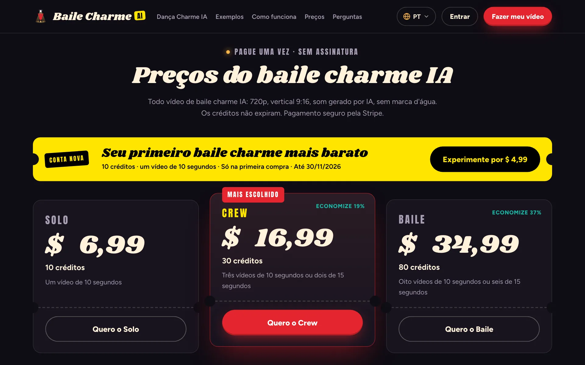 Pacotes do Baile Charme AI: Solo, Crew e Baile, e a oferta para contas novas