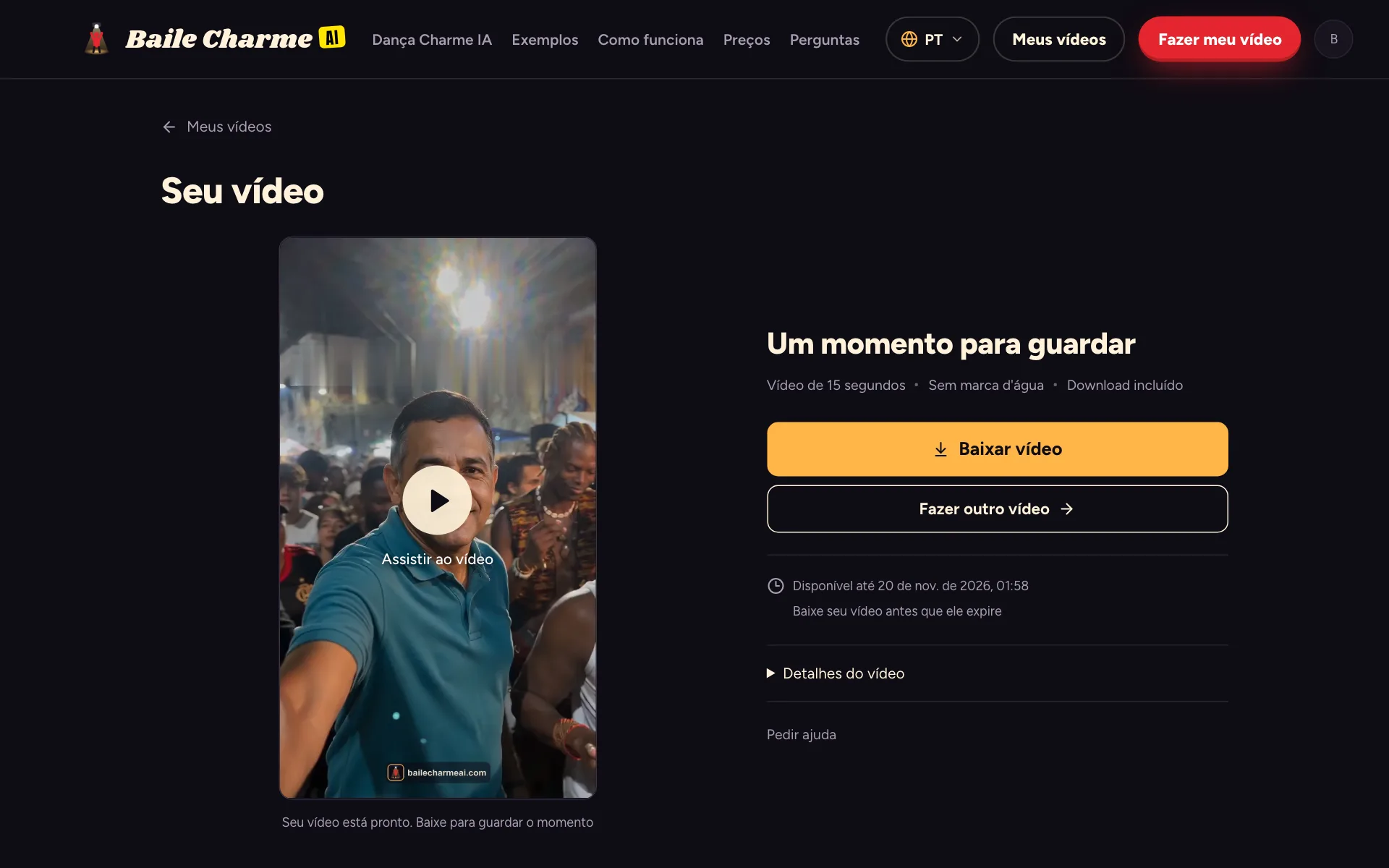 Vídeo de baile charme IA pronto em Meus vídeos, com o botão de baixar